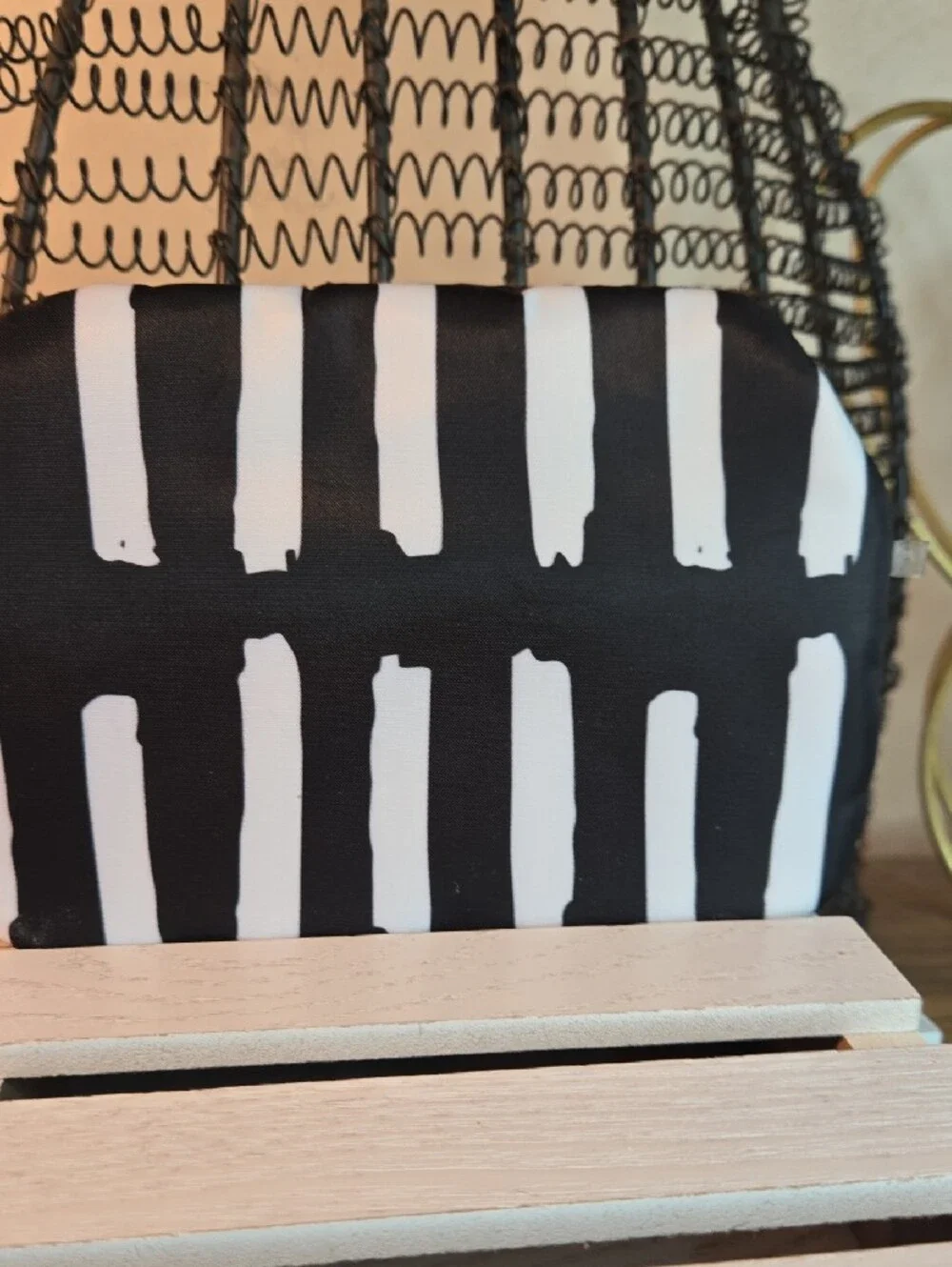 Trina Black and White Striped Cosmetic Pouch with Pink Trim and Gold Zipper